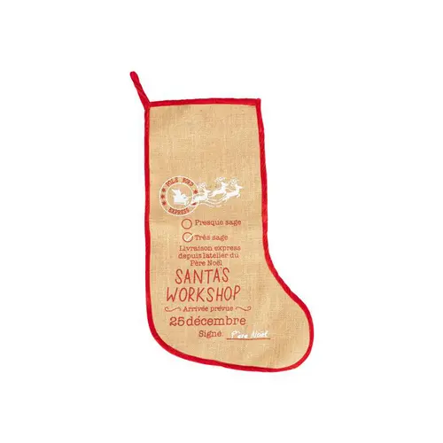 Un indispensable au jardin:Chaussette de Noël à suspendre en jute décor postal rouge et blanc - 20 x 52 cm