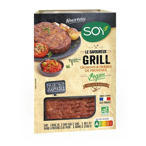Pour vos extérieurs:Galette végétale Le Savoureux Grill oignons & herbes de Provence Soy - 2 x 90 g
