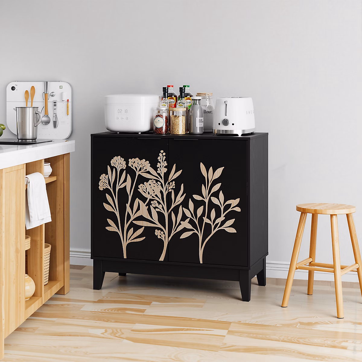 Buffet 2 Portes – Armoire de Rangement avec Motifs Sculptés | Étagère Réglable | en MDF | 80 cm | Noir