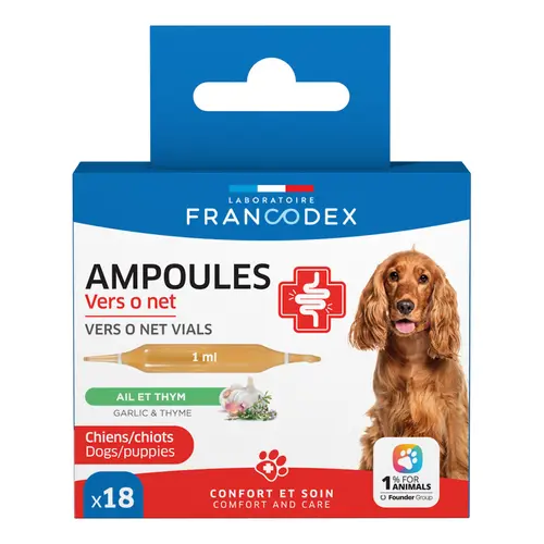 Malin pour le jardin:Ampoules confort intestinal pour chien et chiot ail et thym Francodex Vers O Net - x 18 de 1 ml