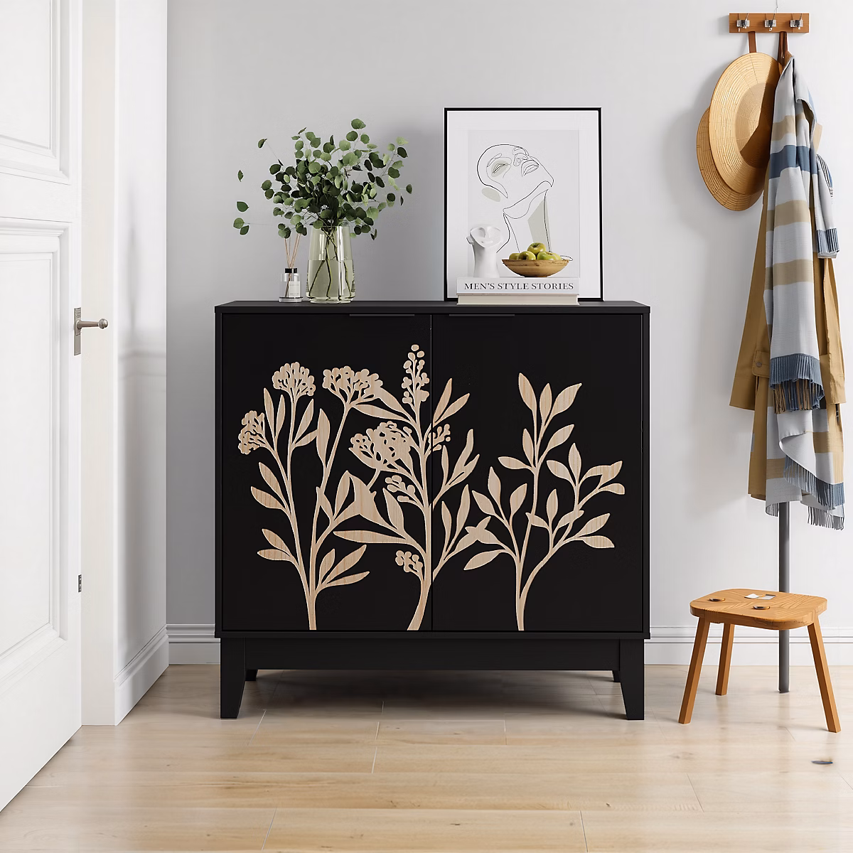 Buffet noir en MDF avec 2 portes et étagère intérieure réglable – Réf. KEUQQJNLC2694683608