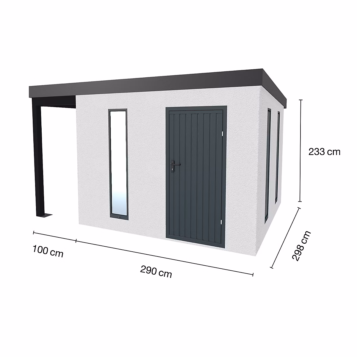 Abri de jardin en métal finition crépi 2900 × 2980 mm blanc avec auvent à gauche 1000 × 2980 mm anthracite