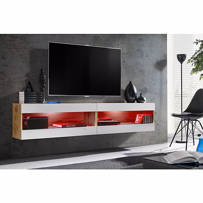 Ensemble Meuble TV Komodee TIVOLI SET4 avec LED RGB – Bois Naturel Blanc 35 × 200 × 41 cm
