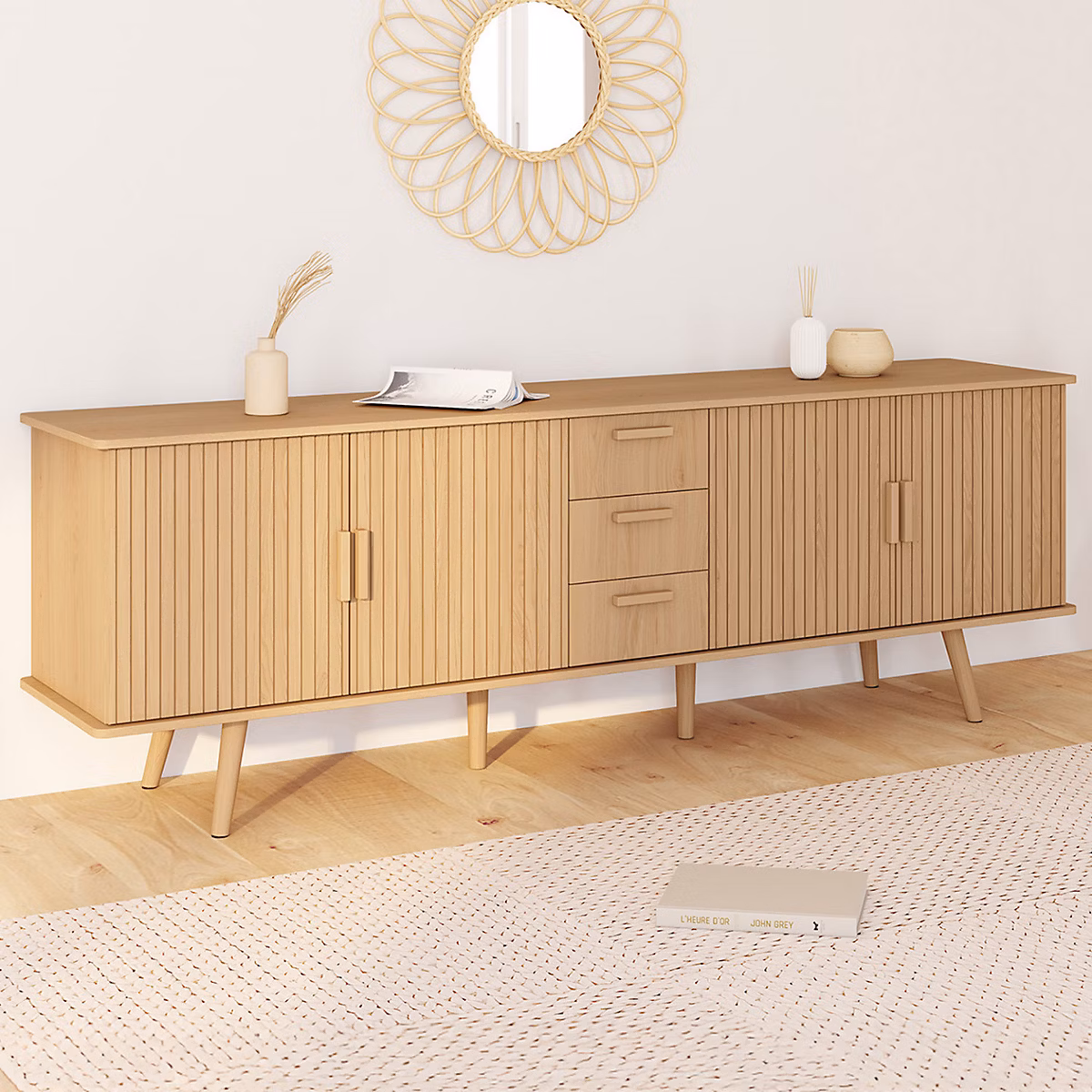 Buffet 180 cm JULIETTE XXL 4 portes et 3 tiroirs effet lattes tasseau bois – Réf. VVYMCRRMN0640501880