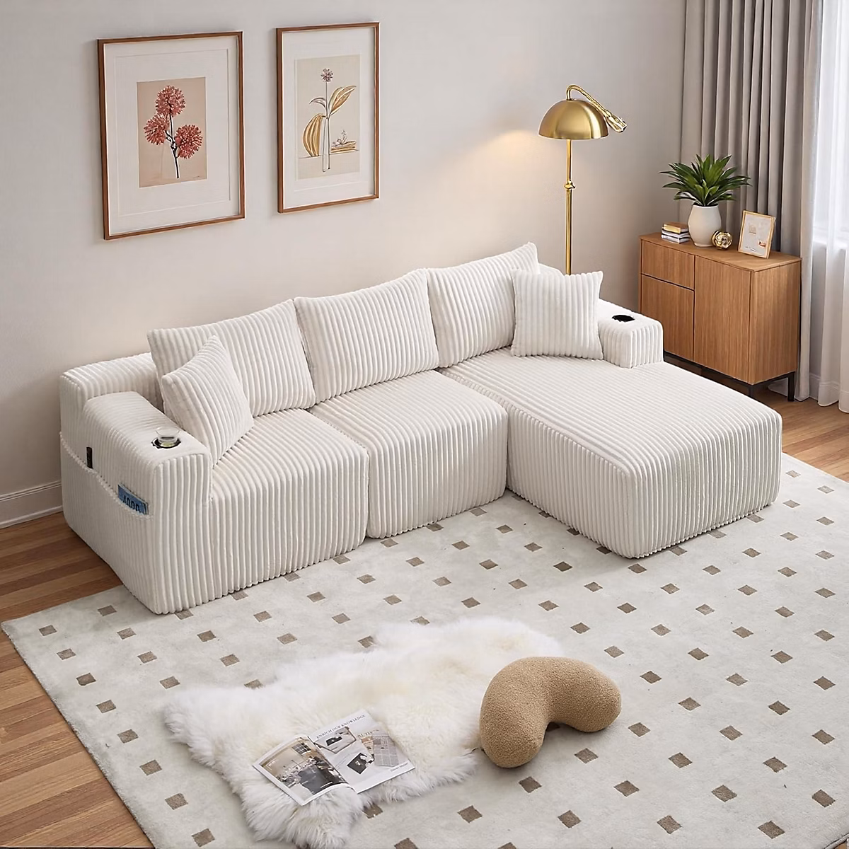 Canapé modulaire 3 place | Canapé d'angle en L avec poches latérales et porte – gobelet – canapés de compression – velours côtelé – Beige