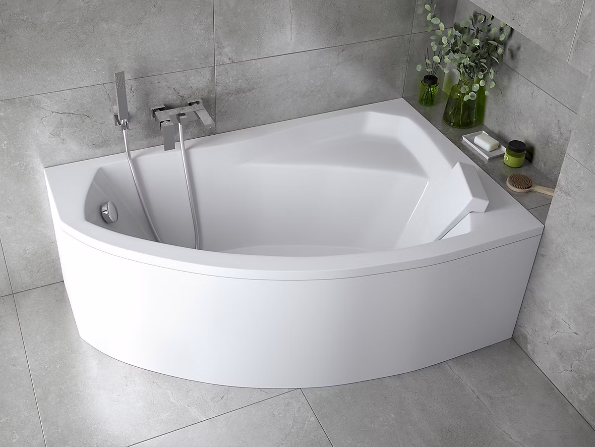 Baignoire asymétrique 150 × 95 Droite RIMA acrylique blanc + avec Tablier + Repose Tête + Pieds + Vidage à chromé