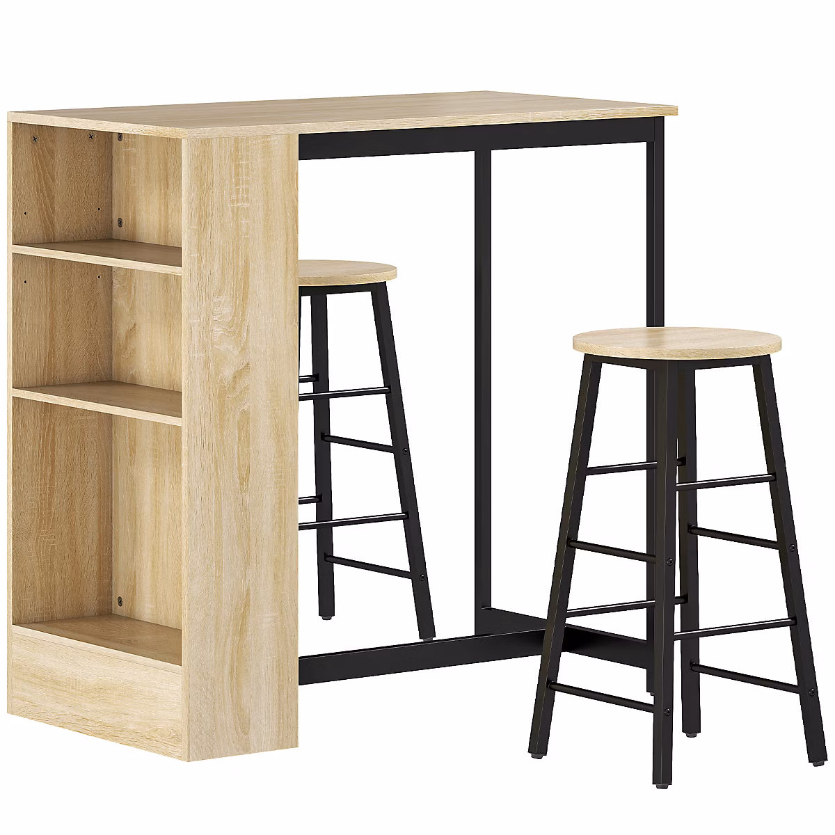 Ensemble table de bar avec 2 tabourets – 3 étagères | acier noir effet bois de chêne clair