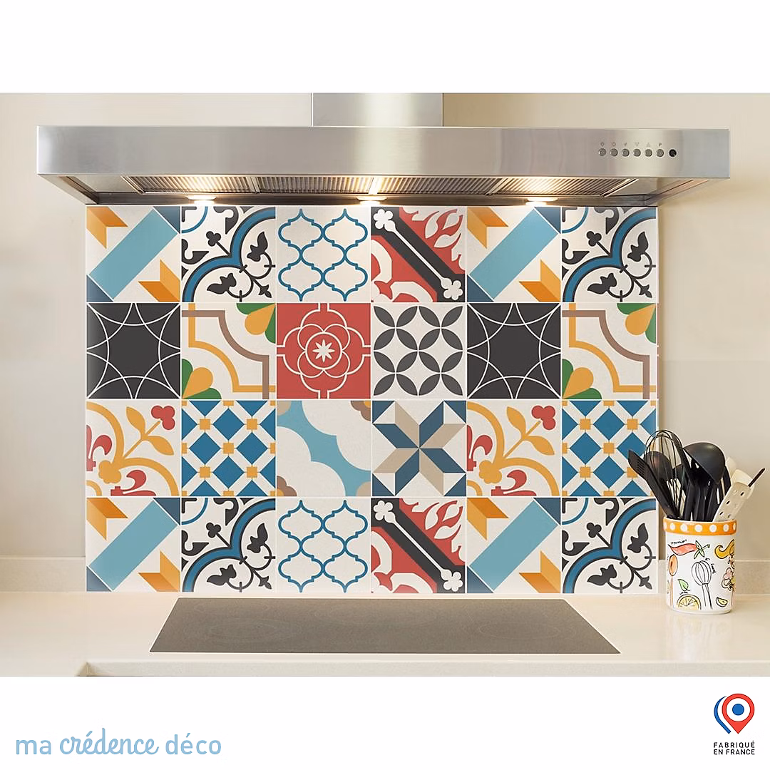 Crédence cuisine fond de hotte Carreaux ciment pop art – Verre trempé | L 90 cm x H 60 cm | MaCrédenceDéco
