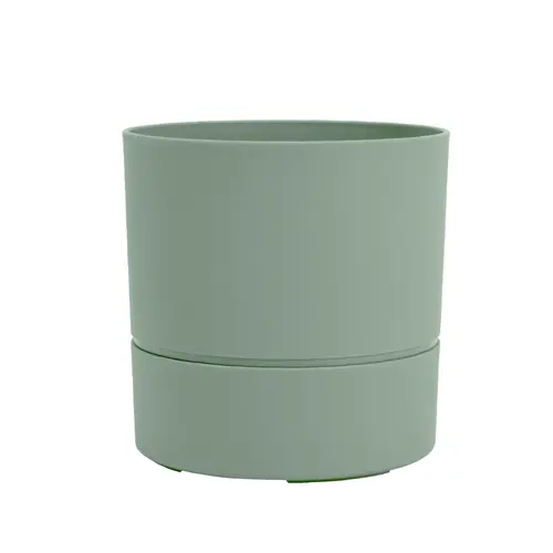 Conçu pour le jardin：Pot rond en plastique à réserve d'eau coloris vert amande Poetic Aquaduo - Ø 14,3 x H 14,3 cm