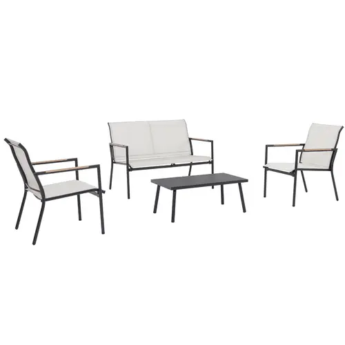 Extérieur malin:Salon de jardin en acier coloris gris Mimosa - 4 éléments (canapé, table basse et deux fauteuils)