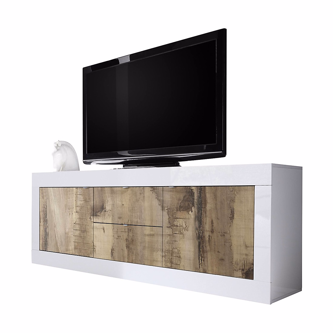 Buffet 2 portes et 2 tiroirs – collection ISORA, coloris blanc laqué brillant et chene clair