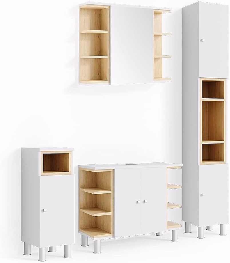 Ensemble Meubles de Salle de Bain Blanc Chêne | Rangements Etageres Placards – 4 Pieces – Moderne