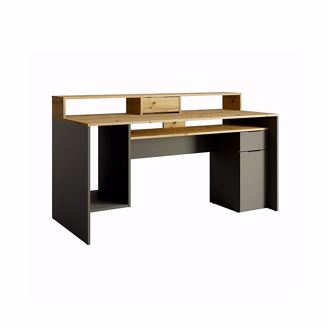 Aménagement bureau – Bureau ordinateur 160cm collection ROXI coloris chene et gris avec rangements