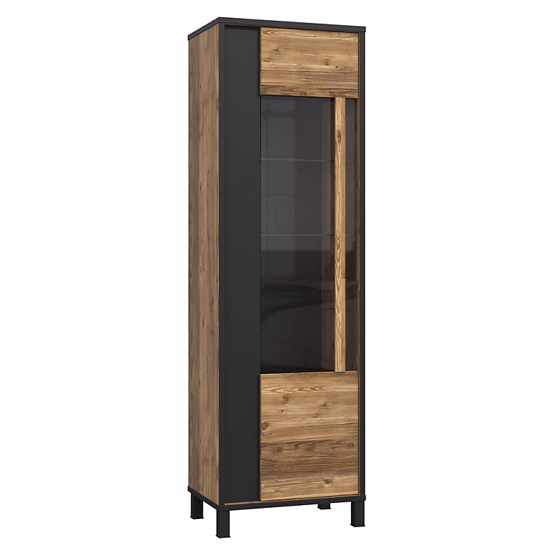 Colonne vitrine 1 porte décor bois et noir pieds noir – CELIA