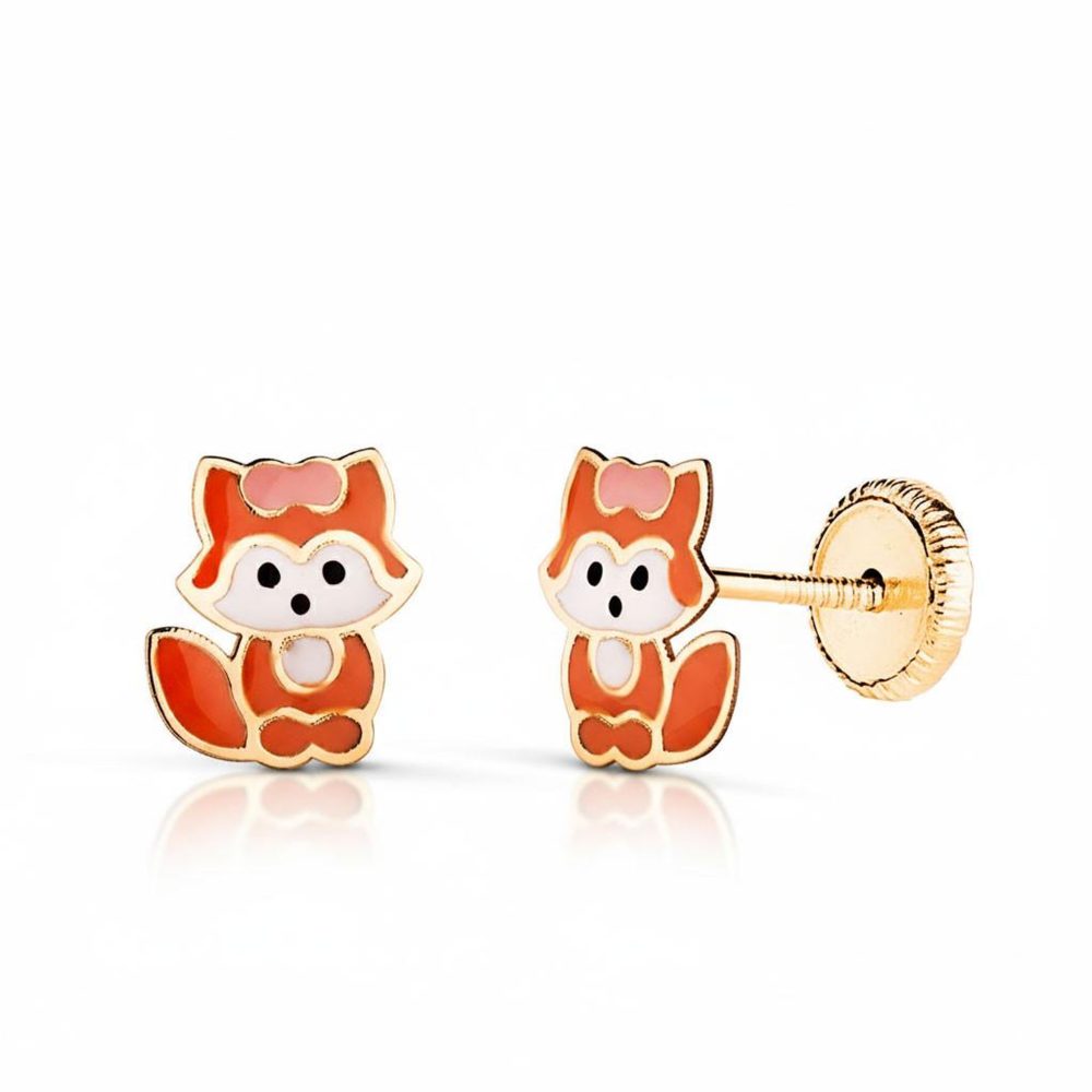 L'ATELIER D'AZUR Boucles d'Oreilles Enfant en Or 18 Carats 750 Jaune et Émail – Motif Renard