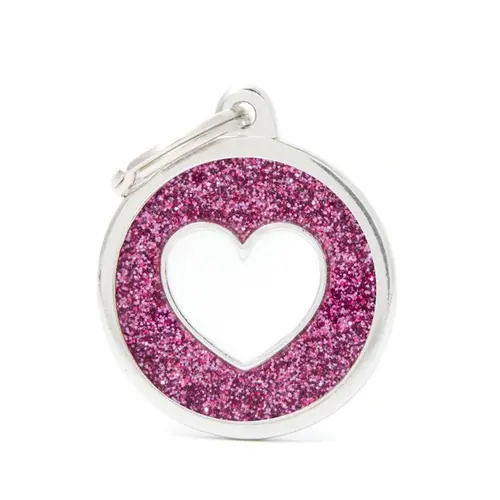 Une solution adaptée au jardin:Médaille à graver pour chien coloris rose pailleté grand cercle avec un cœur blanc Myfamily Shine