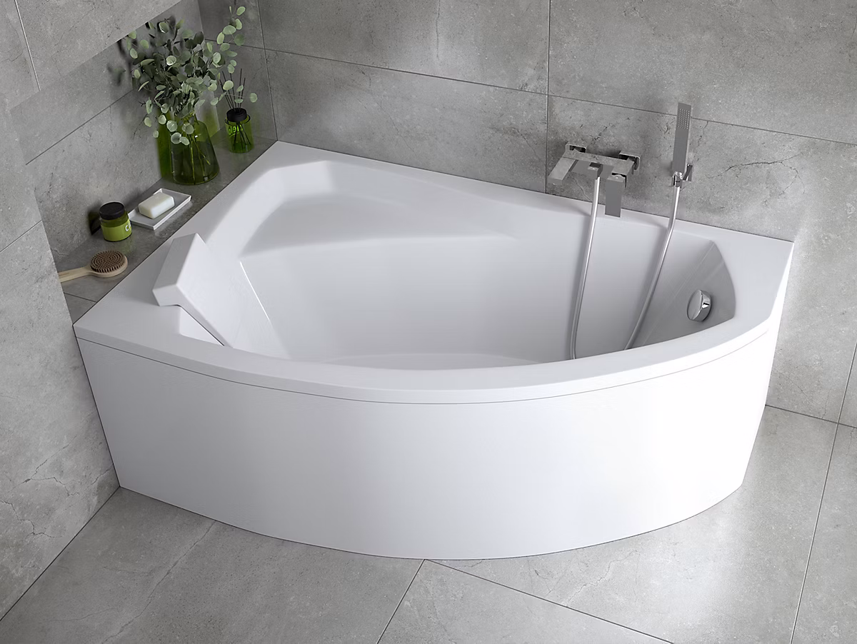 Baignoire asymétrique 150 x 95 Gauche RIMA acrylique blanc + avec Tablier + Repose Tête + Pieds + Vidage à chromé | Baignoire
