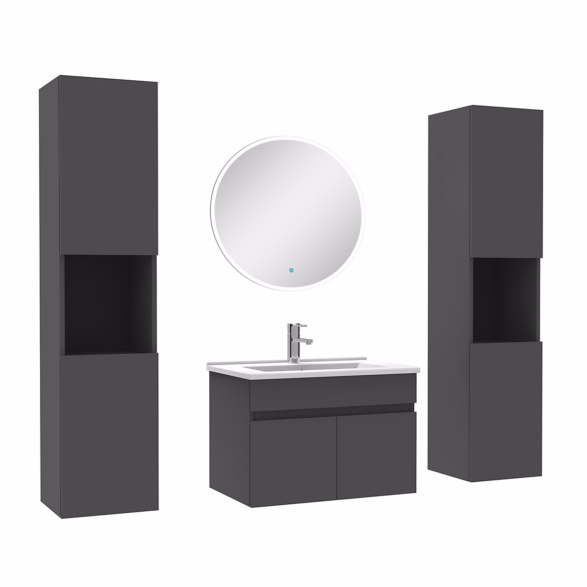 Ensemble meubles Salle de Bain simple vasque 60cm – colonne x2 et miroir rond Anthracite
