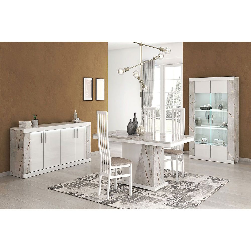 EROS – Séjour Complet Table Repas + Buffet + Vitrine 2 Portes Eclairage Led intégré