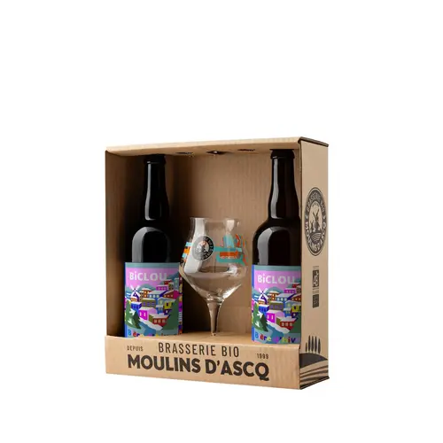 Jardin inspiration:Coffret de Noël de 2 bières bio Biclou 75 cl avec verre Brasserie des Moulins d’Ascq - les 3 pièces
