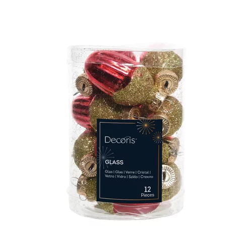 Solution extérieure：Boite de 12 glands en verre brillant coloris rouge paillettes - Ø 3 cm