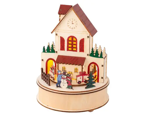 Une solution pratique pour l’extérieur：Village animé rond en contreplaqué avec école et train lumineux 3 LED blanc chaud - Ø 15 x H 20,3 cm