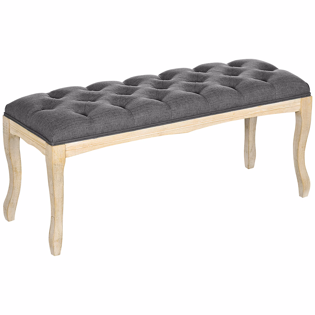 Banc banquette capitonnée style classique chic dim. 110L x 38l x 49H cm piètement bois hévéa sculpté lin gris – Réf. MNKGYCJUV1763213235