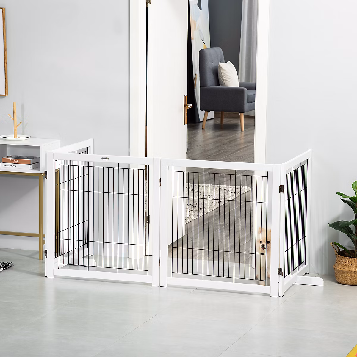 Barrière pour chien pliante en pin blanc et acier 305 × 82 cm à 4 panneaux