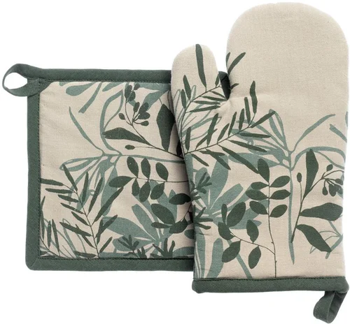 Pensé pour le jardin：Lot gant et manique en coton motif végétal vert Majda - 18 x 28 cm