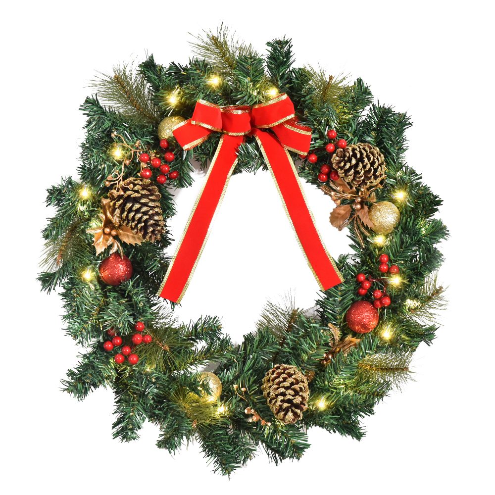 Couronne de Noël artificielle lumineuse avec 20 LED de 60 cm - décorée de houx et de pommes de pin