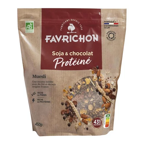 À avoir pour l’extérieur：Muesli protéiné bio soja et chocolat Favrichon - 450 g
