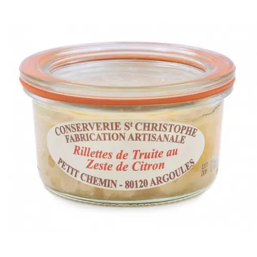 Côté extérieur：Rillettes de truite au zeste de citron Conserverie St Christophe - 100 g
