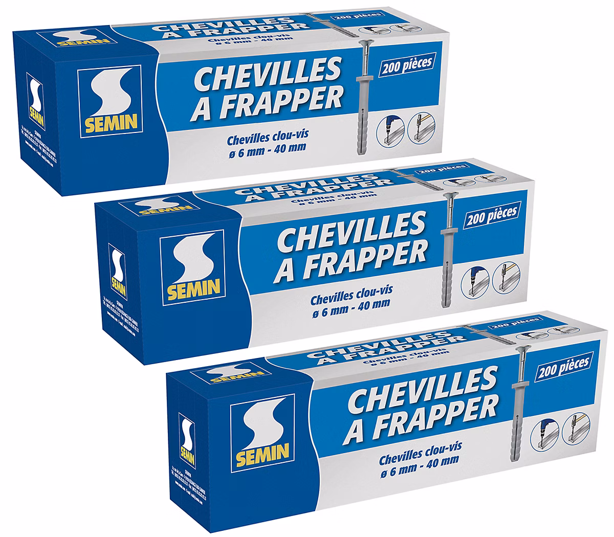 Cheville Clous Vis à Frapper Semin – 6 × 40 mm, Boite de 200 (lot de 3)