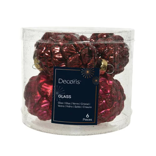 Essentiel pour le jardin：Boite de 6 pommes de pin verre brillant coloris rouge - Ø 5 cm