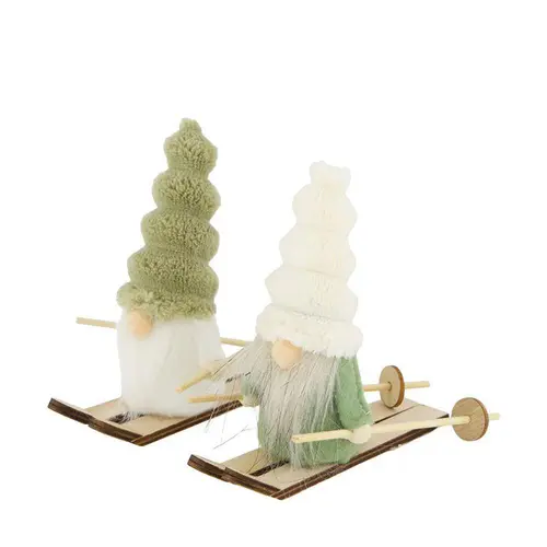 Un plus pour vos extérieurs：Figurine gnome en tissu vert sur ski en bois de pin - 15 x 4 x 13 cm