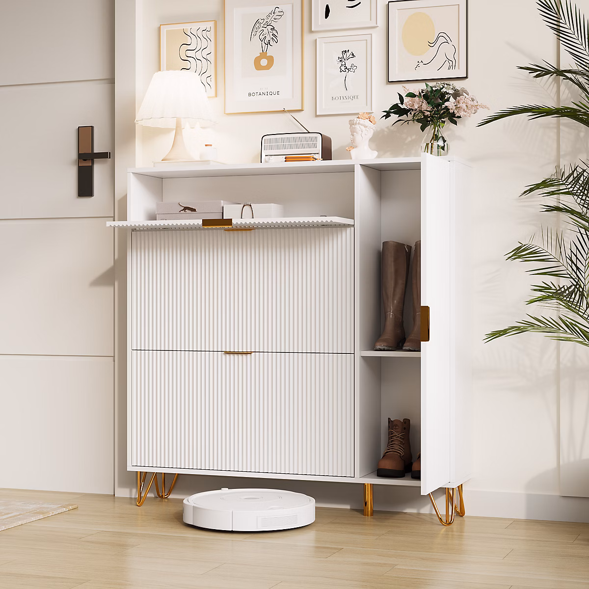 Armoire à chaussures moderne – rangement pratique, étagères réglables, pieds métal stables, surface étanche, 110 × 24 × 144.5 cm, blanc