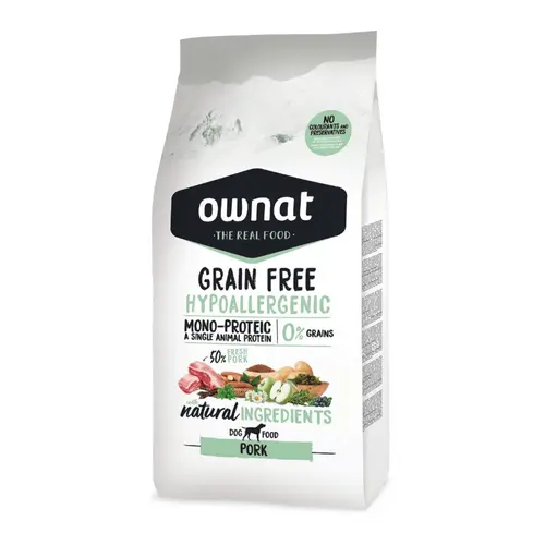 Au quotidien：Croquettes pour chien au porc sans céréales Ownat Hypoallergenic - 12 kg