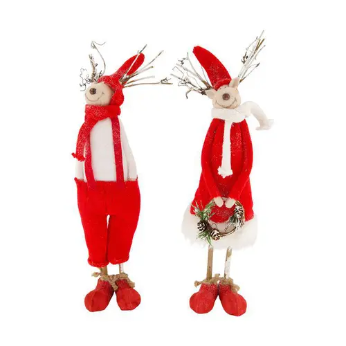 Simple dehors：Figurine cerf de Noël en coton rouge et gris - 16 x 8 x 46 cm