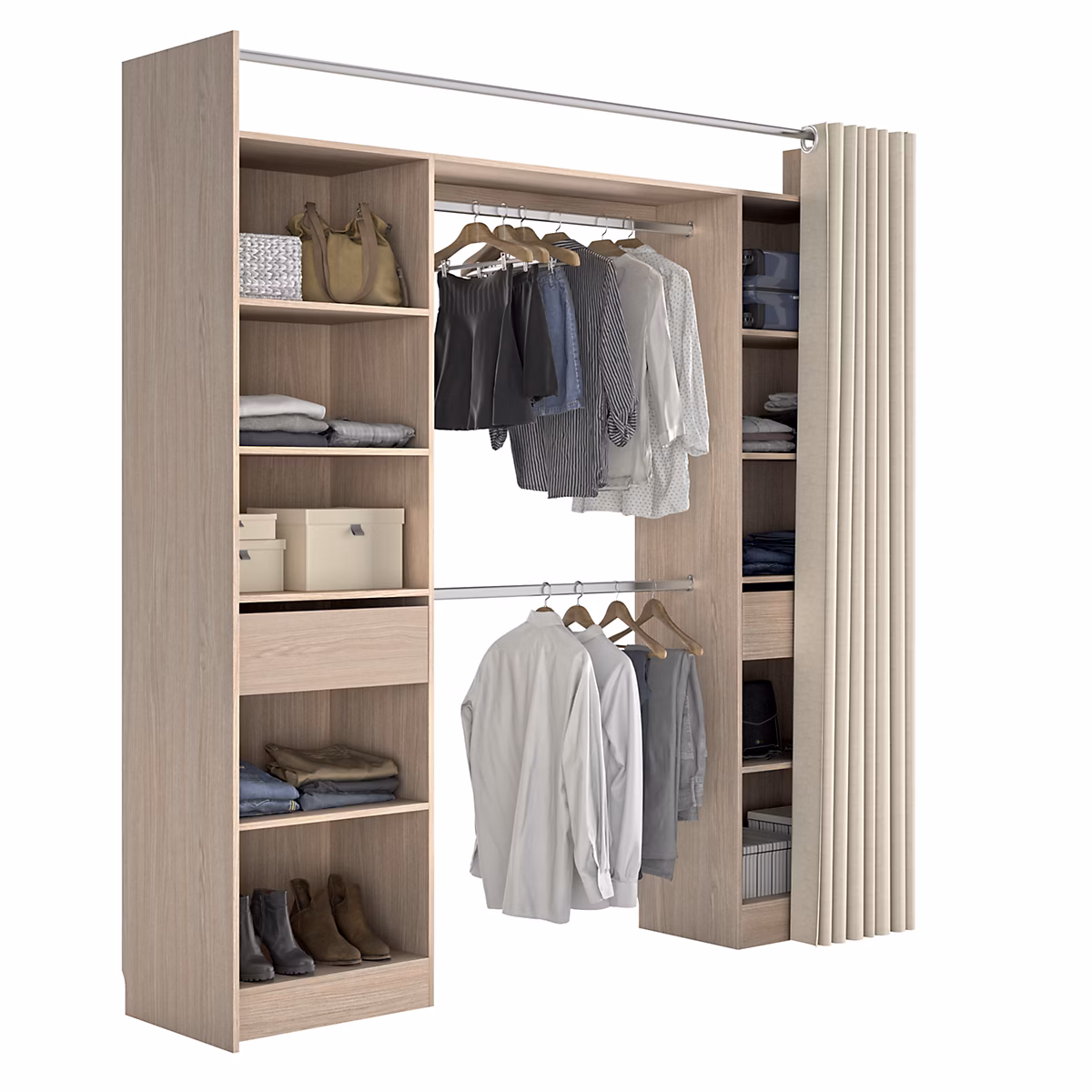 Kit dressing avec rideau – 2 colonnes réversibles L. 220 x H. 220 x P. 48 cm, effet chêne, avec 2 tiroirs, GoodHome Balsam