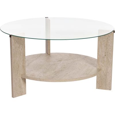 Table basse ronde en verre Clara (Travertine, verre transparent)
