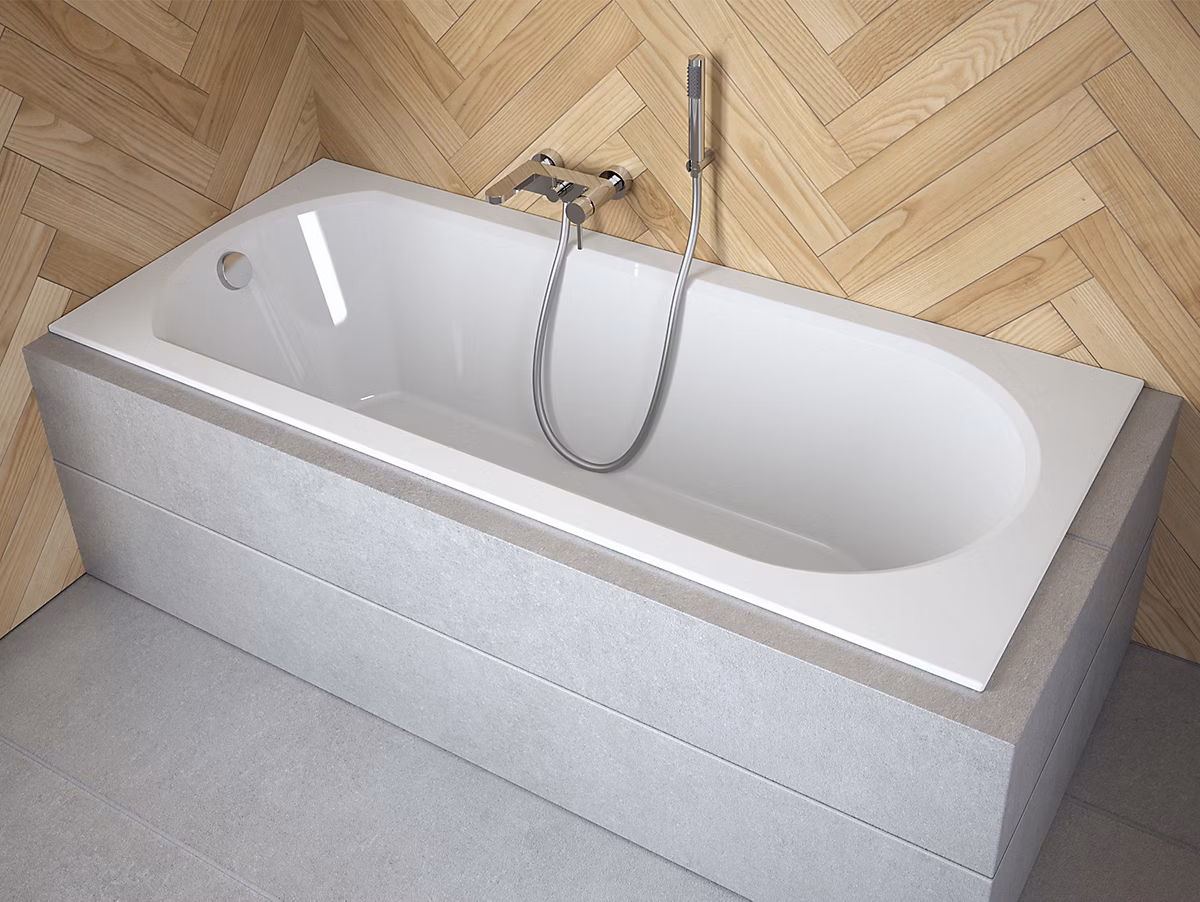 Baignoire rectangulaire 160 × 75 INTRICA SLIM acrylique blanc + Support stabilisateur en polystyrène + Pieds + Vidage à chromé