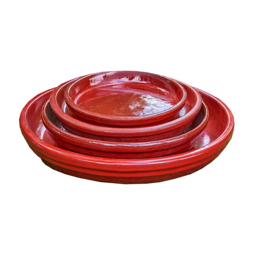 Pour les espaces verts：Soucoupe en terre cuite émaillée rouge Poterie du Bousquet Costa - Ø 38 x H 3,8 cm