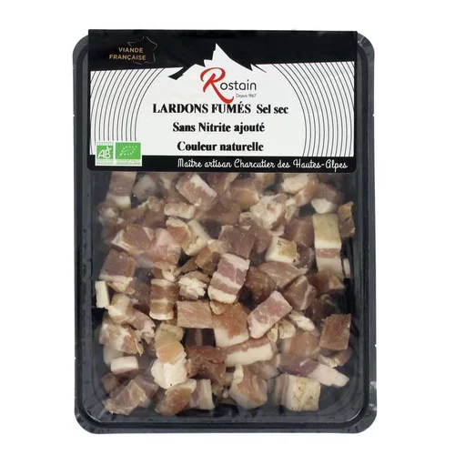 Pratique au jardin:Lardons fumés bio Rostain - 150 g