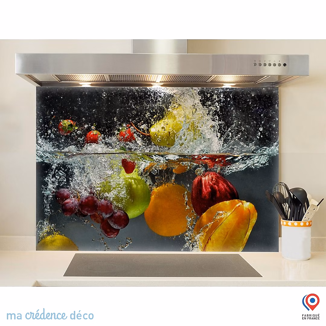 Crédence cuisine fond de hotte Bain de fruits – Verre trempé, L 90 cm x H 70 cm, MaCrédenceDéco