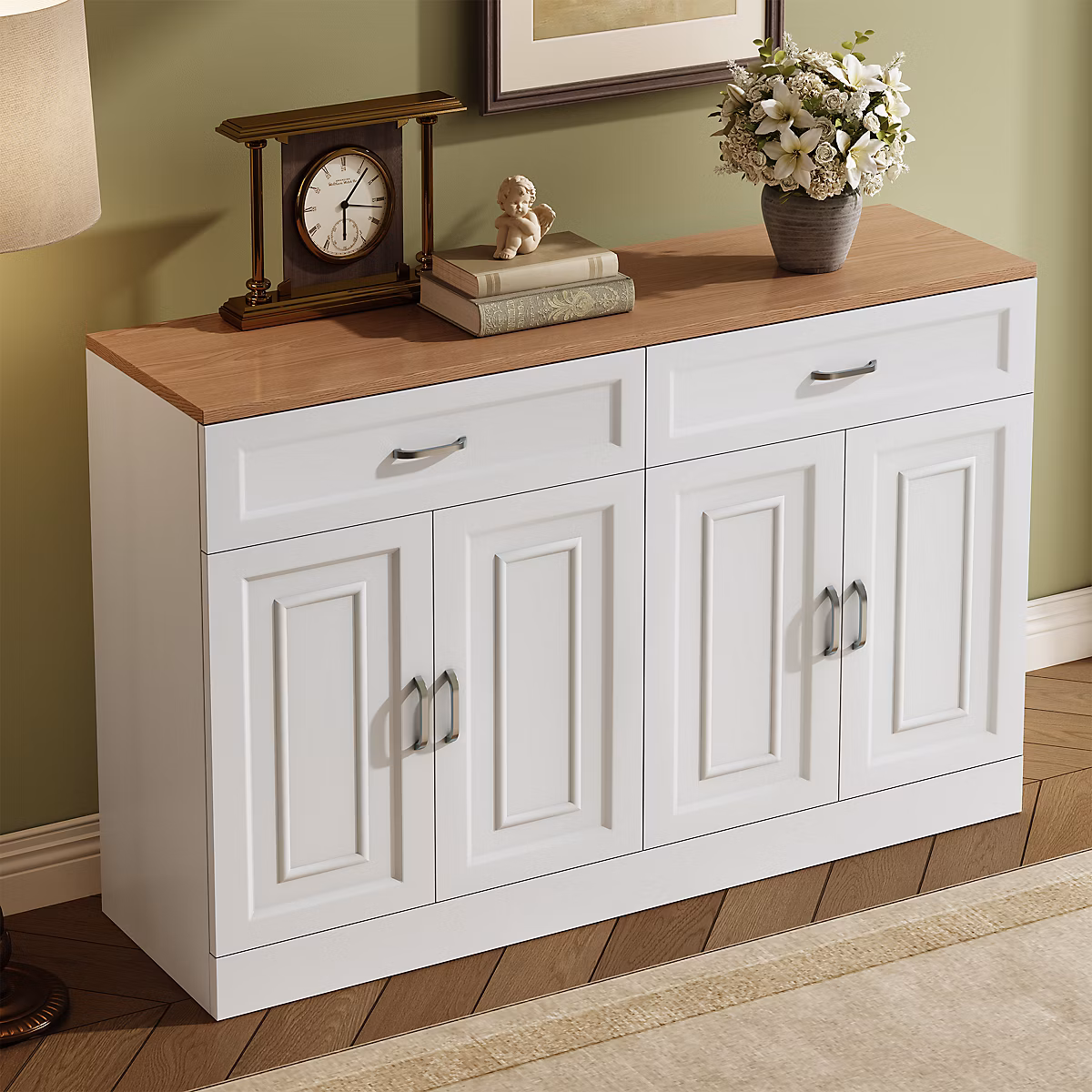 Buffet Moderne avec Système Push | to – Open – 4 Portes et 2 Tiroirs – Étagères Intérieures – Panneaux de Particules – Bois Naturel