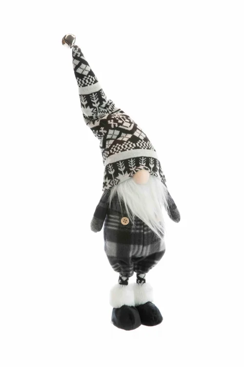 Côté jardin:Gnome debout en tissu avec bonnet clochette à motifs noir et blanc - 16 x 13 x 63 cm