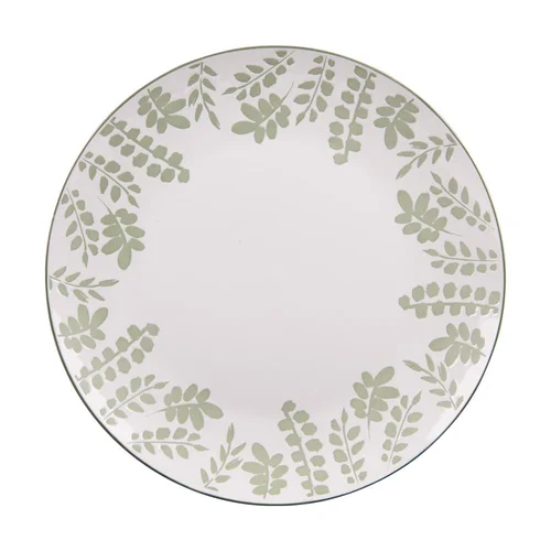 L’esprit jardin:Assiette plate en porcelaine blanche avec motifs printaniers verts Episia - Ø 27 cm
