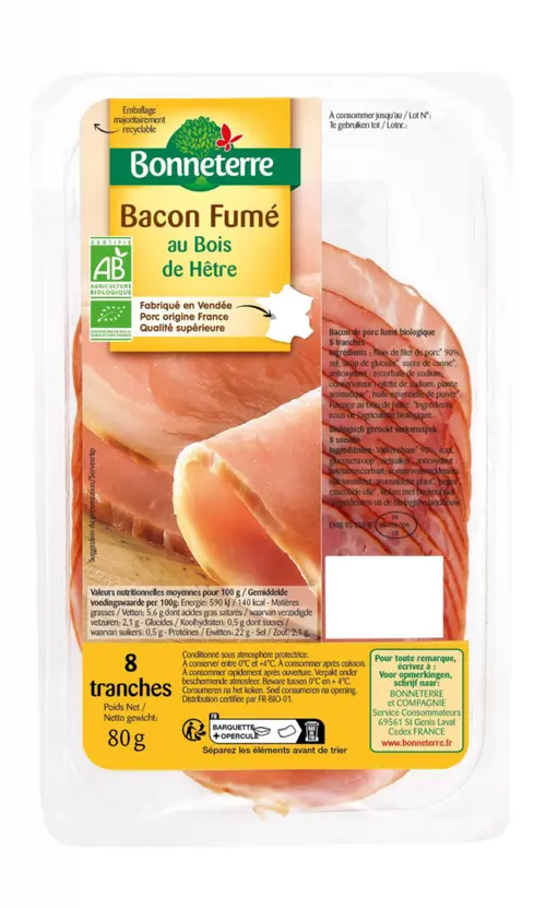 Utile jardin：Bacon bio fumé au bois de hêtre 8 tranches Bonneterre – 80 g