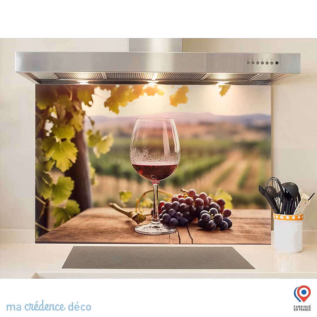 Crédence cuisine fond de hotte Vin rouge et vignobles 2 – Verre trempé, L 90 cm x H 50 cm, MaCrédenceDéco