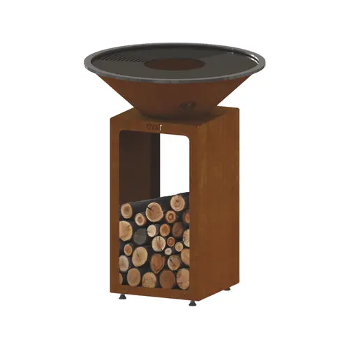 Jardin confort:Brasero de cuisson coloris cognac avec porte-bûches B.B.O 68 Oyat - Ø 68 cm